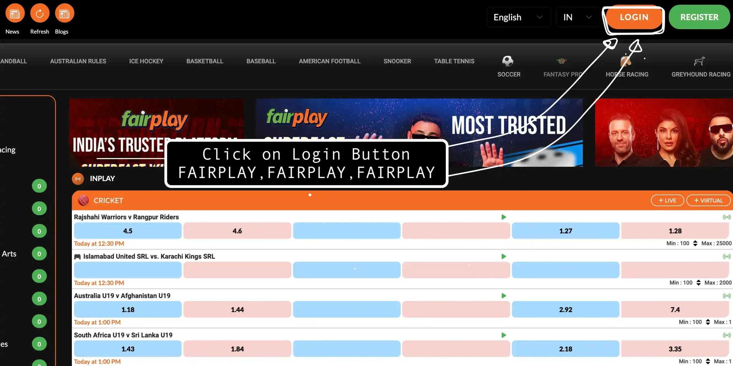 FairPlay Homepage Login Button